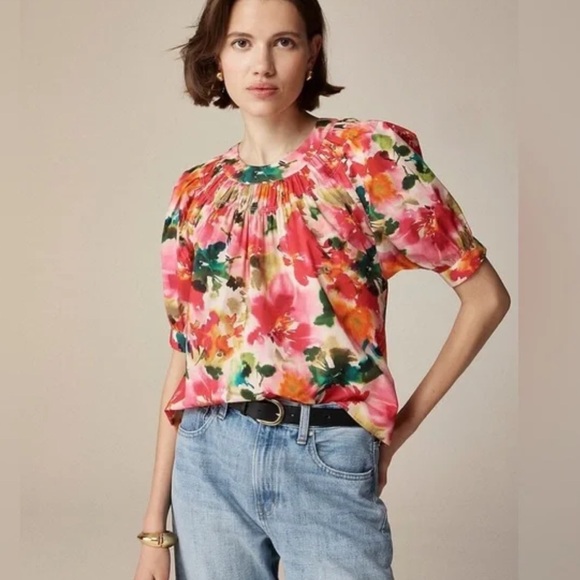J. Crew Tops - J. Crew Regenerative Cotton Vibrant Floral Puff Sleeve Blouse Size Small